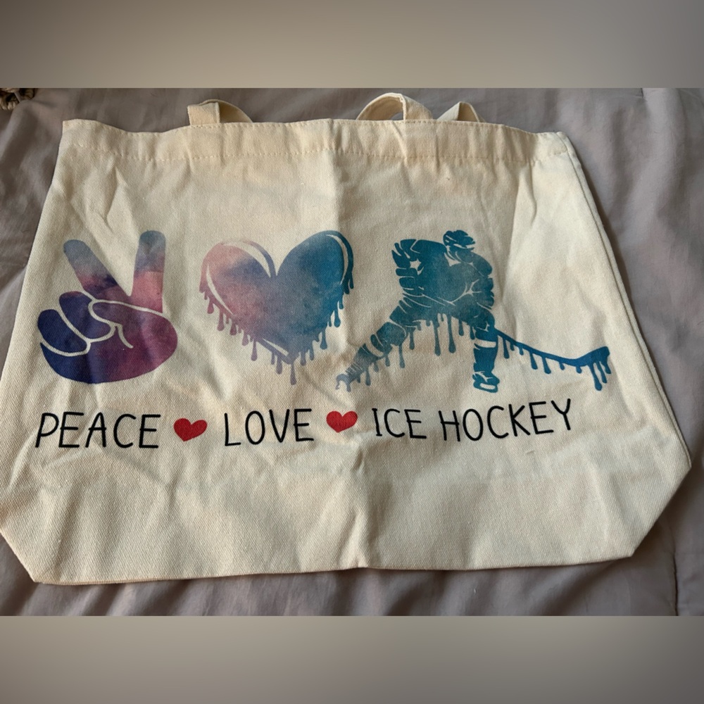 NEW “Peace, Love, Hockey” Tote Bag Canvas Handbag